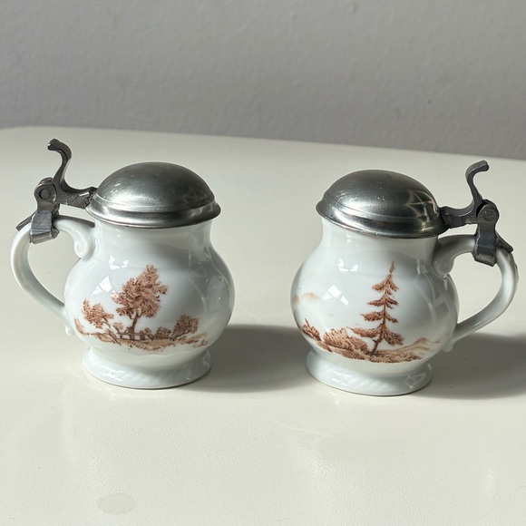 Vintage Royal Tettau Bavaria Germany White Brown mini ceramic stein pewter lid